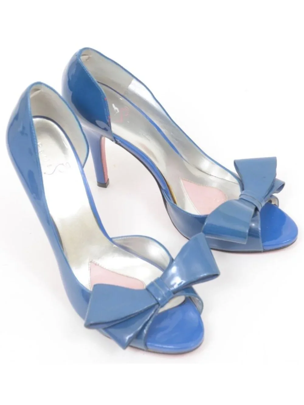 Paris Hilton Women’s 10M Blue Patent Leather Bow Open Toe Stiletto Heels PinUp